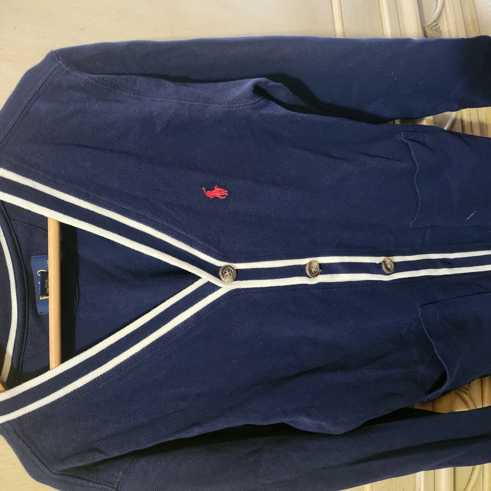 Navy Blue Cardigan with White Trim